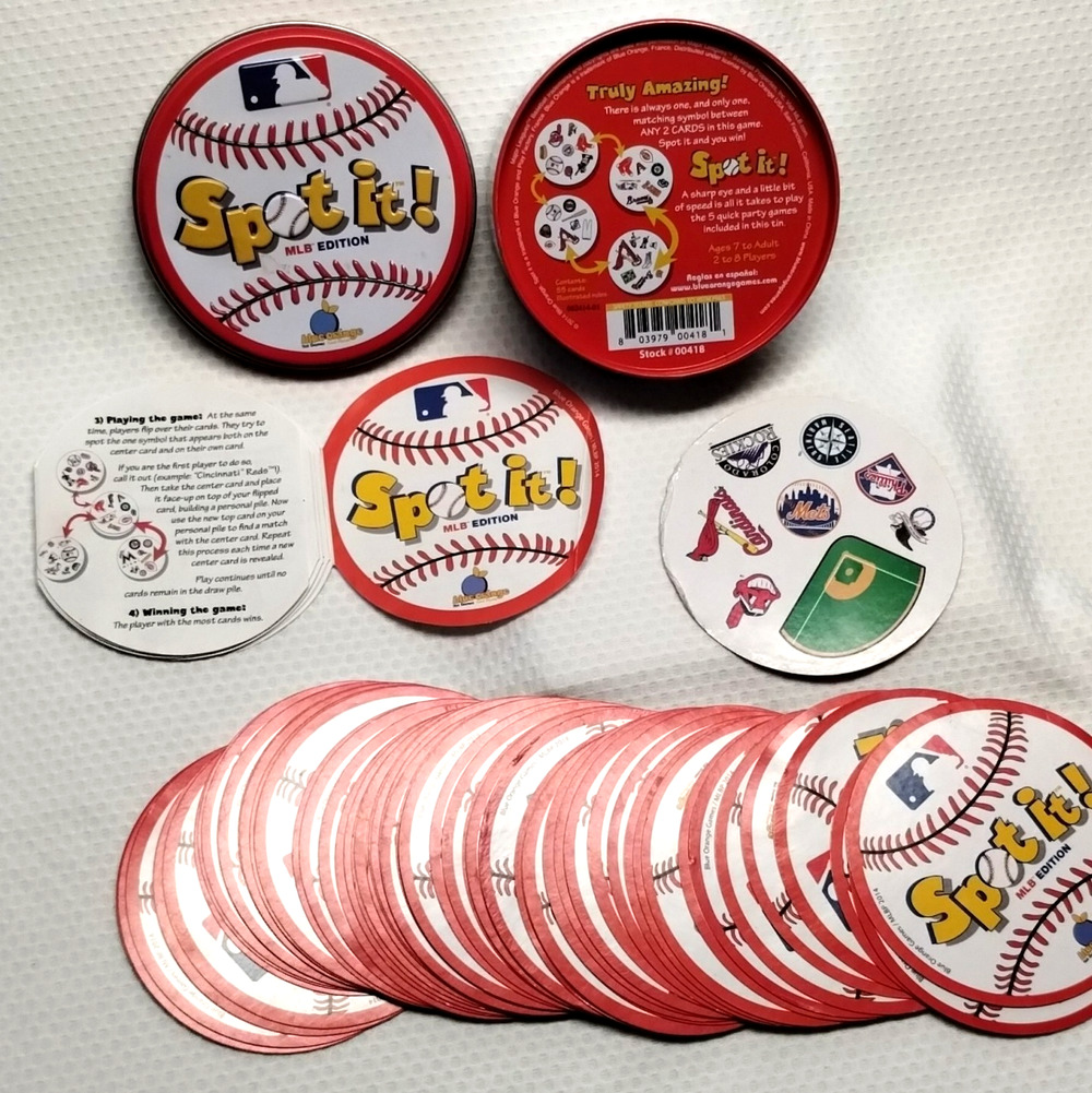 Spot It MLB Edition Baseball Card Game Travel Tin Family Fun Blue Orange Games